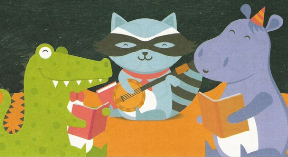 Green alligator reading a red book, raccoon playing banjo, and hippo reading an orange book.