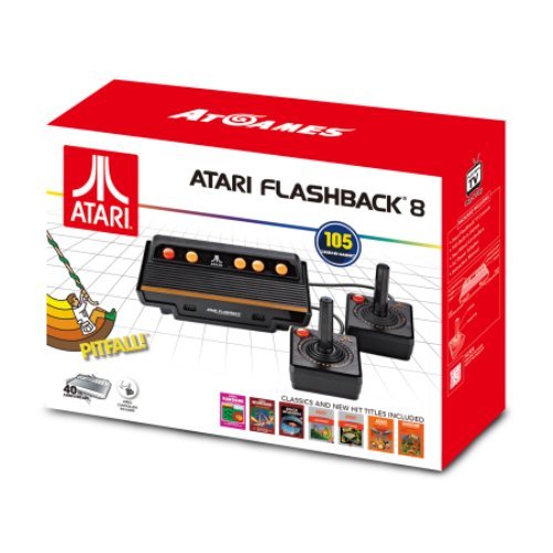 Red and white box for Atari Flashback 8 gaming console with photo of console.