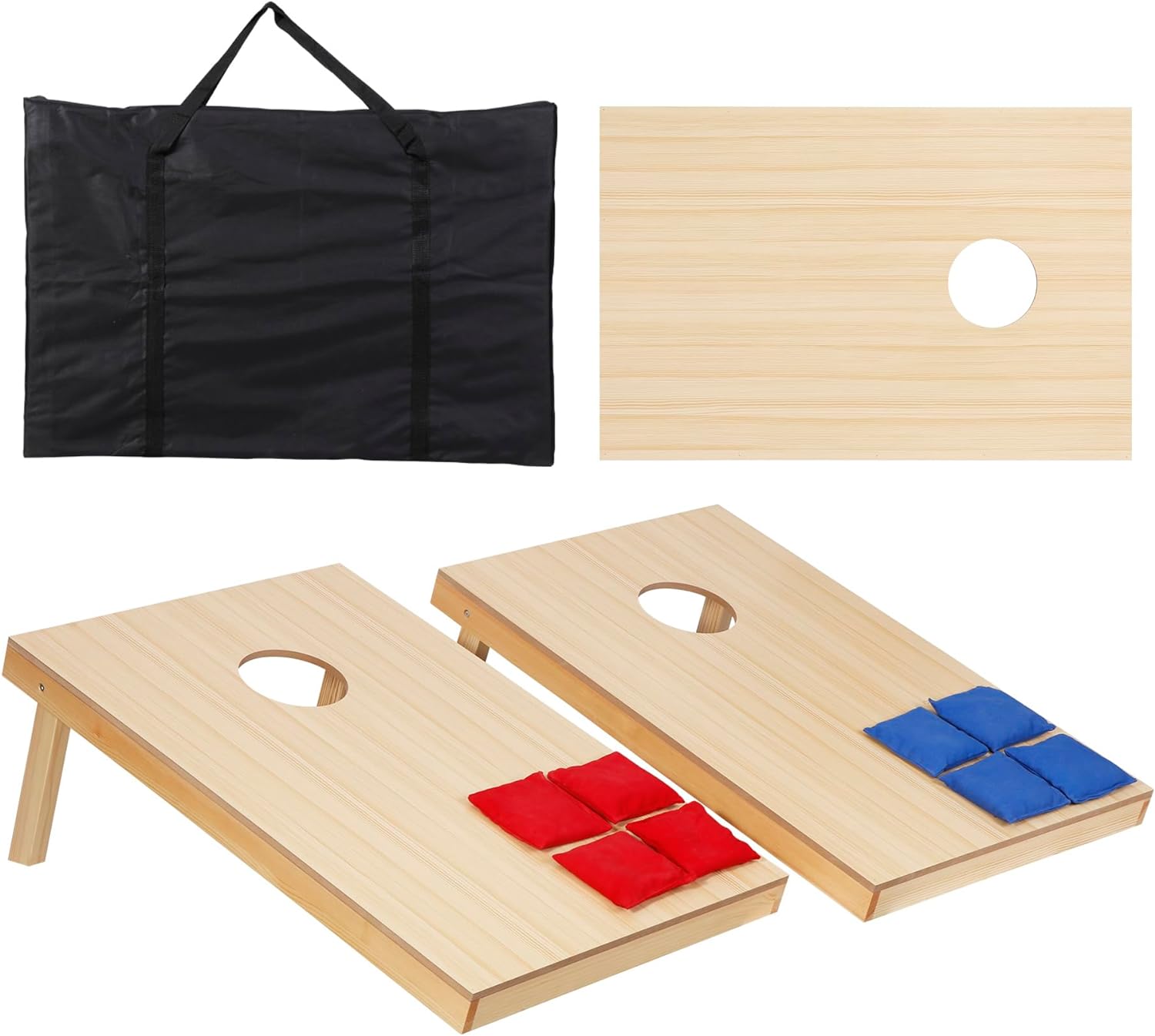 Cornhole set with red and blue bean bags and black carrying case.