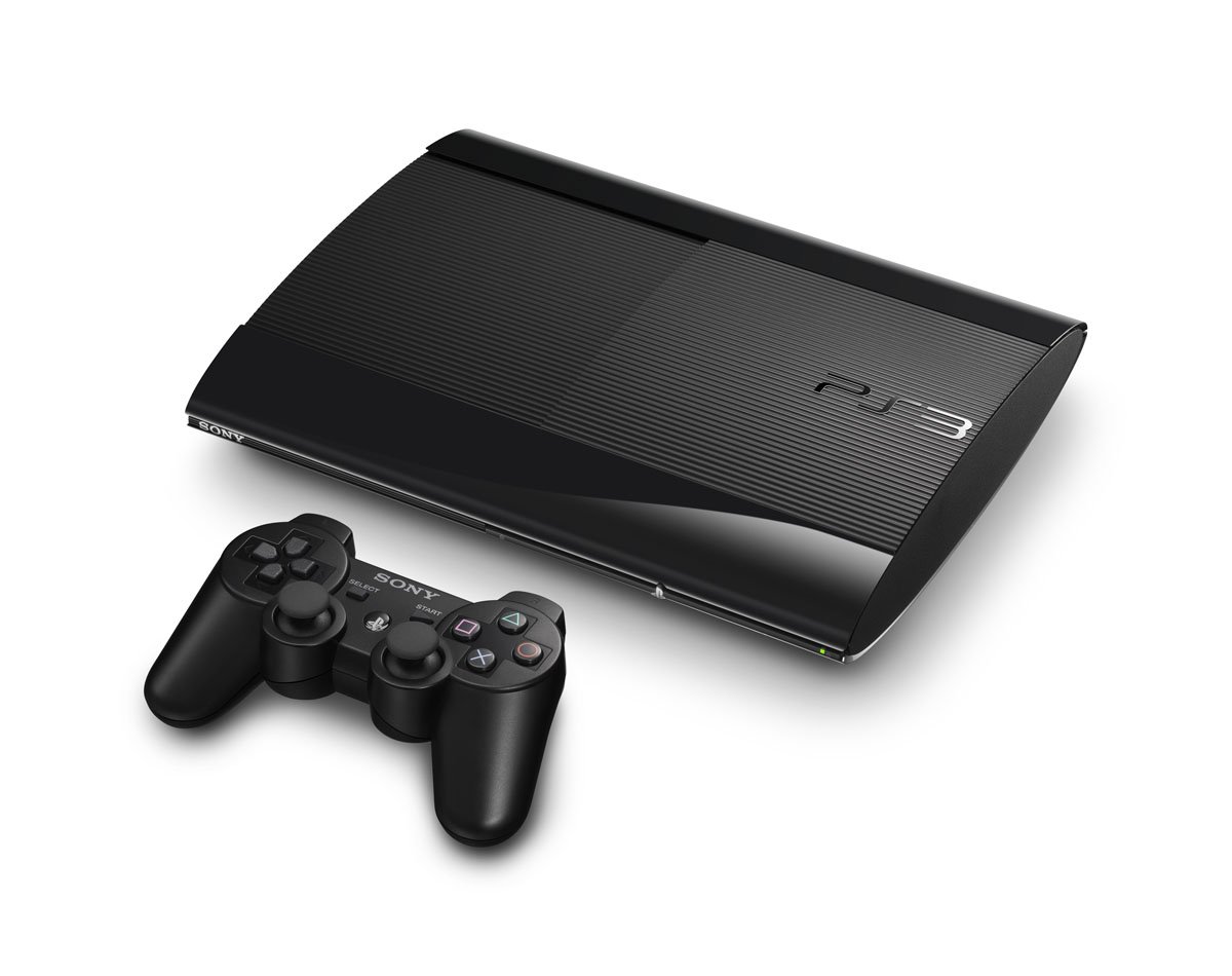 Black Playstation 3 gaming console with 1 black controller.