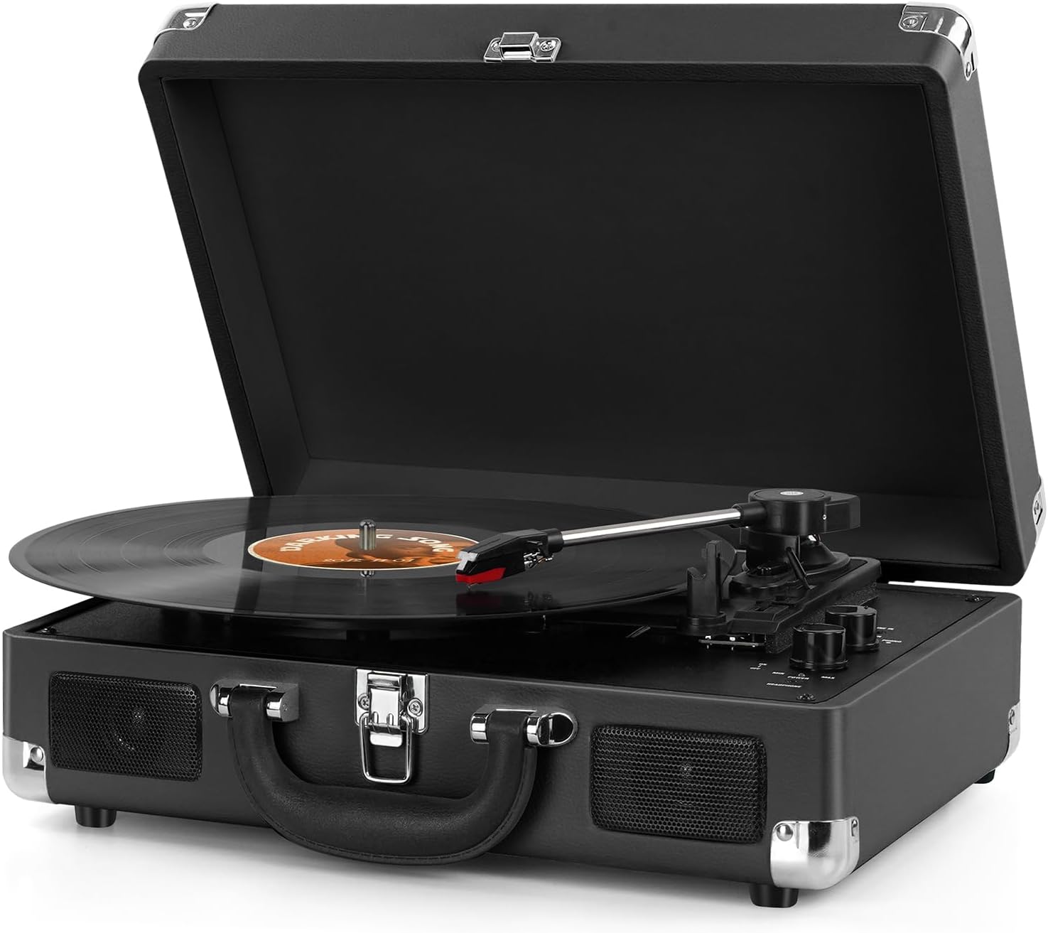 Black portable record player with record.