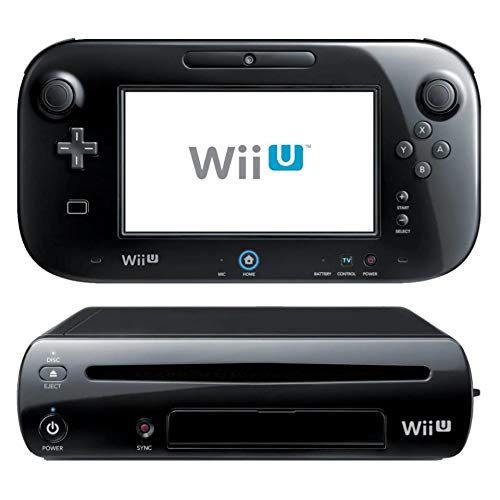 Black WiiU gaming console with white screen showing WiiU logo.