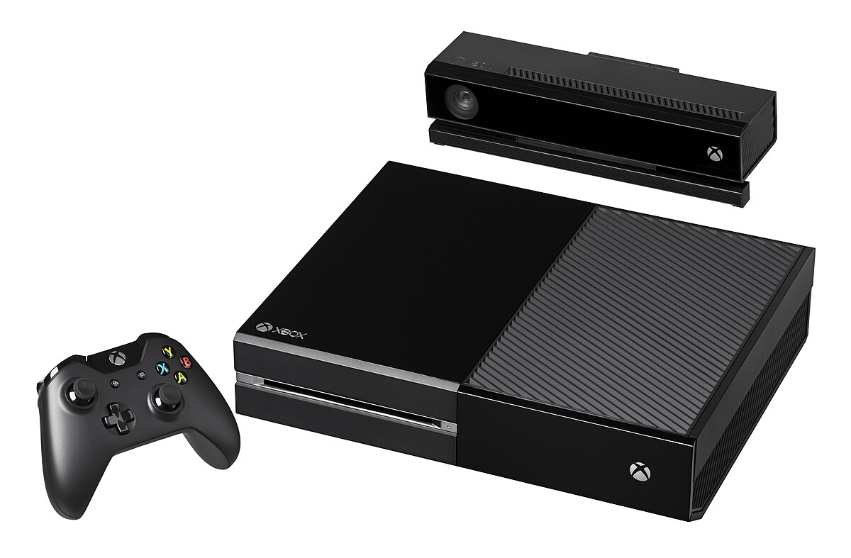 Black Xbox One gaming console with one controller.