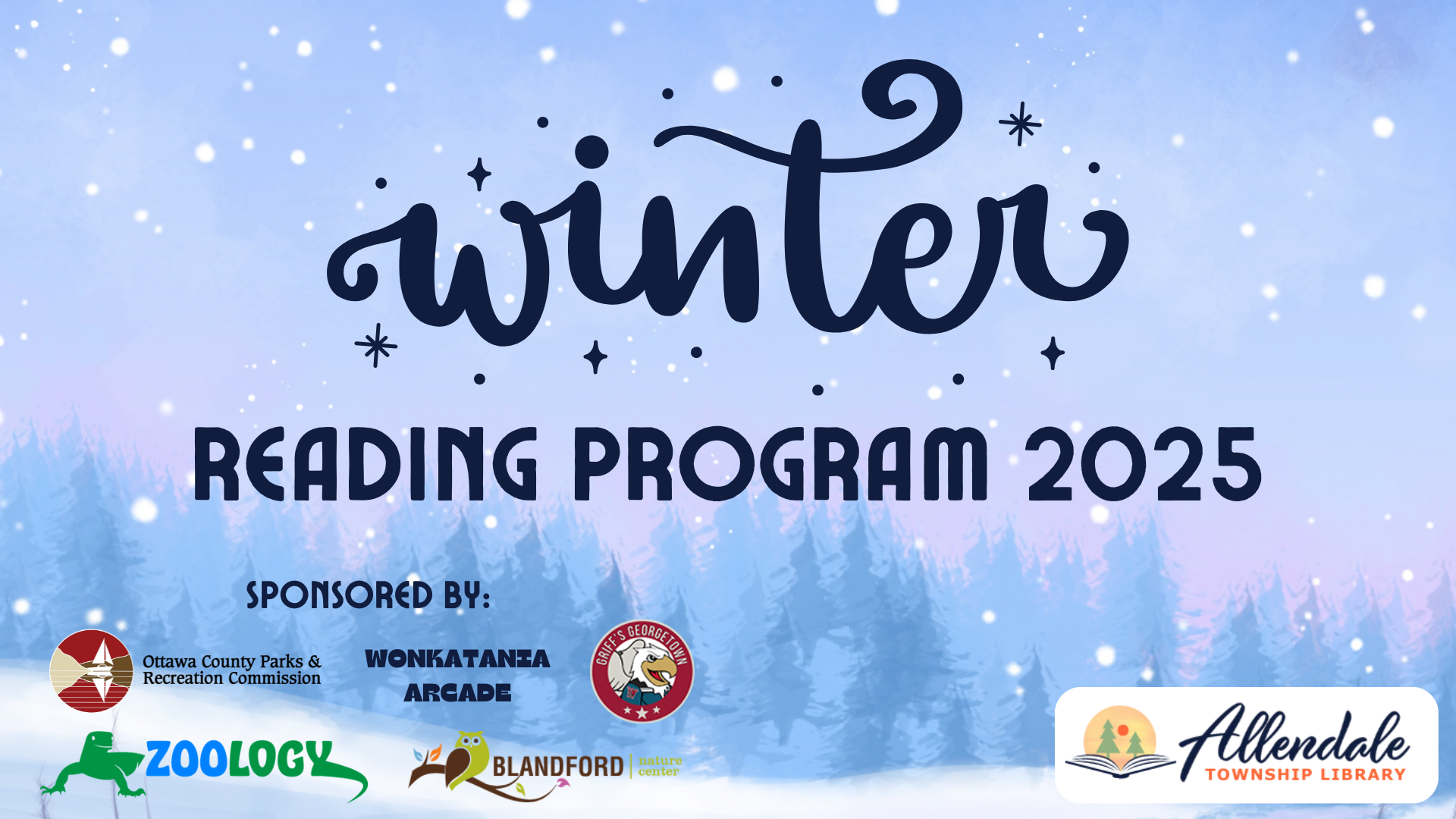 Winter Reading Program Title with sponsors over snowy backdrop