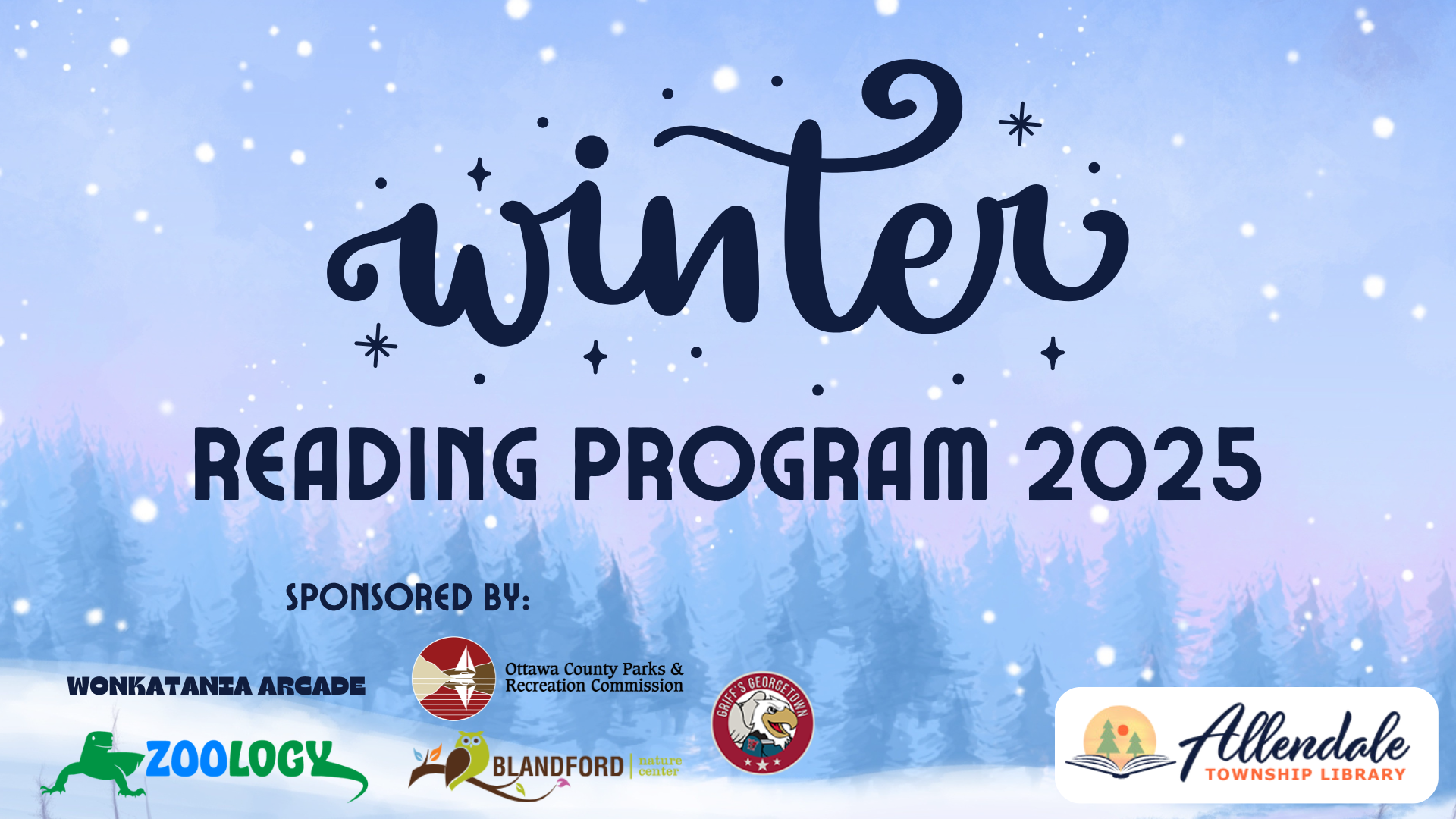 Winter Reading Program 2025 with sponsor logos and winter scenery