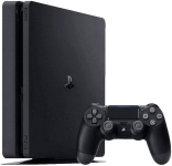 Black Playstation 4 gaming console with 1 black controller.