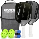 Pickleball set with two paddles, four neon green balls, and gray carrying case.