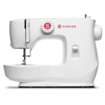 White Singer sewing machine with red font.