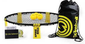 Spikeball set with yellow balls and yellow and black backpack.