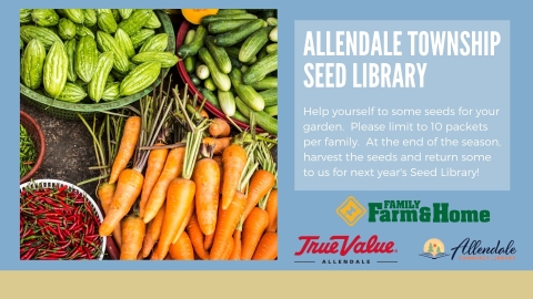 Allendale Township Seed Library, Image of brightly colored vegetables and sponsor logos.