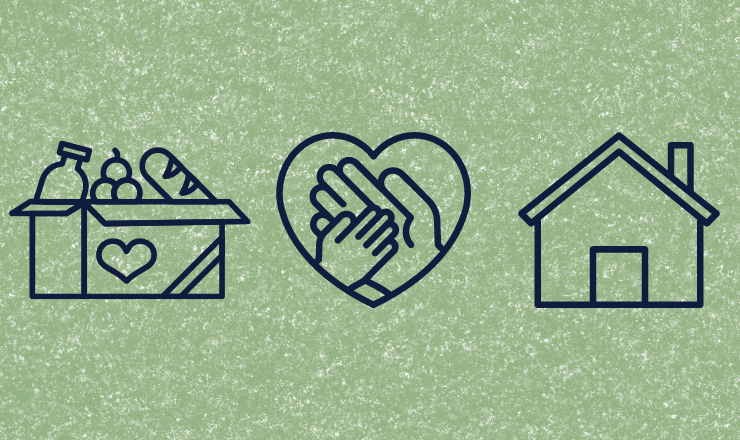 Local Family Resources graphic showing icon of box filled with food, hand holding in a heart, and a house