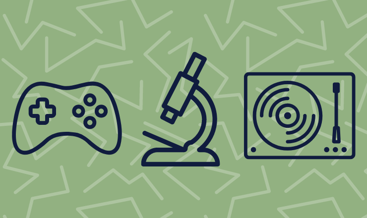 Library of Things feature card showing icons for game controller, microscope, and record player